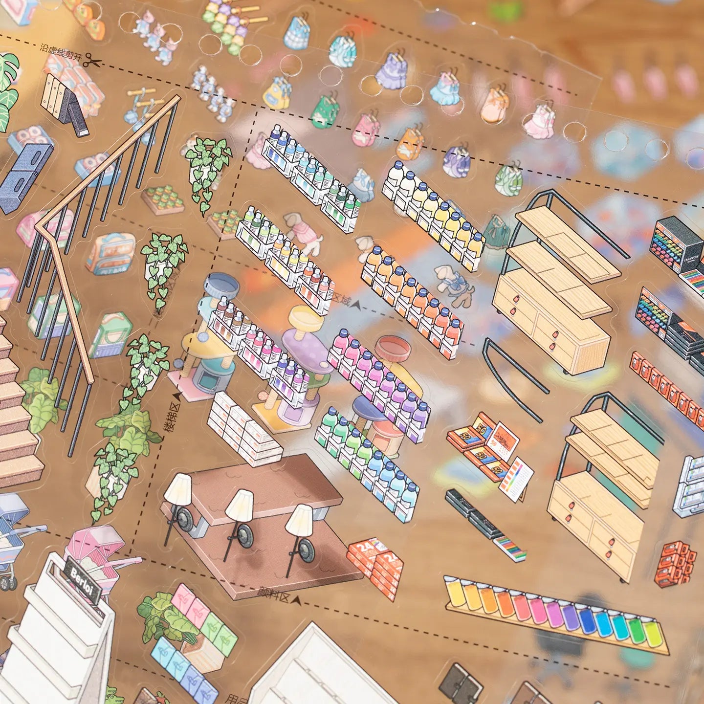 PET sticker sheet detail with shelves, stairs, clothes, and shop accessories from Supermarket Organizer sticker book