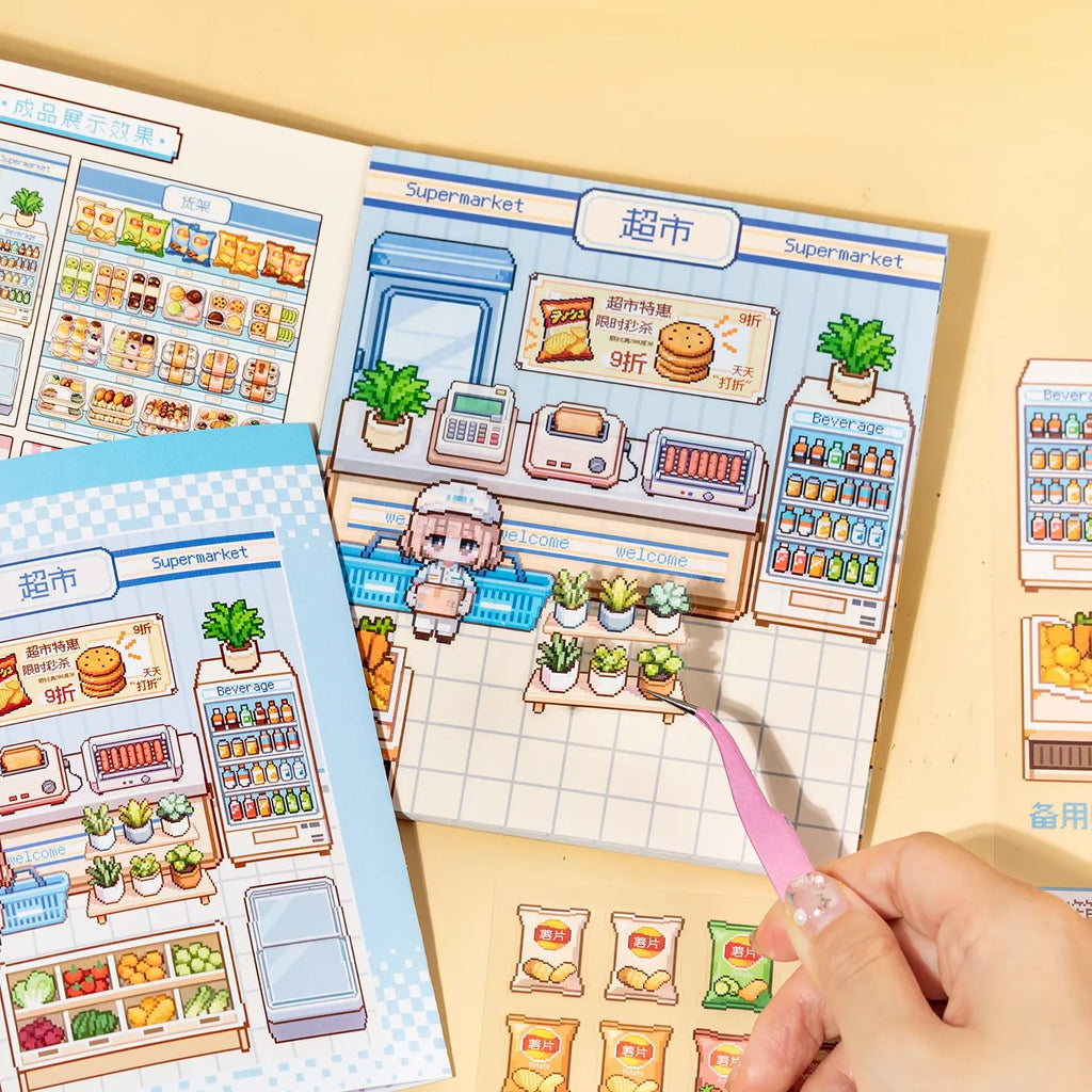 Placing stickers onto a supermarket scene card from Supermarket Organizer sticker book