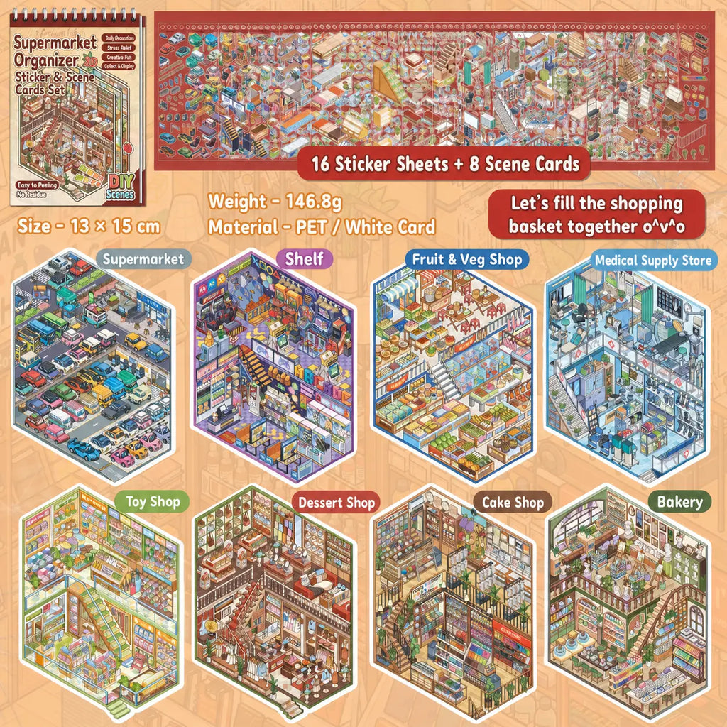 Supermarket Organizer 3D Scene Sticker Book contents with 16 PET sticker sheets and 8 scene cards