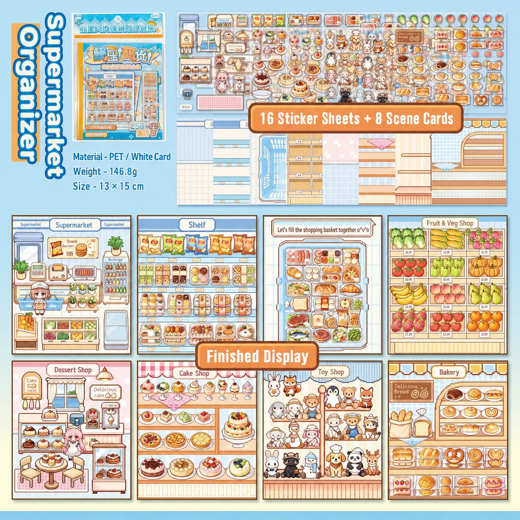 Supermarket Organizer scene sticker book contents with 16 PET sticker sheets and 8 scene cards