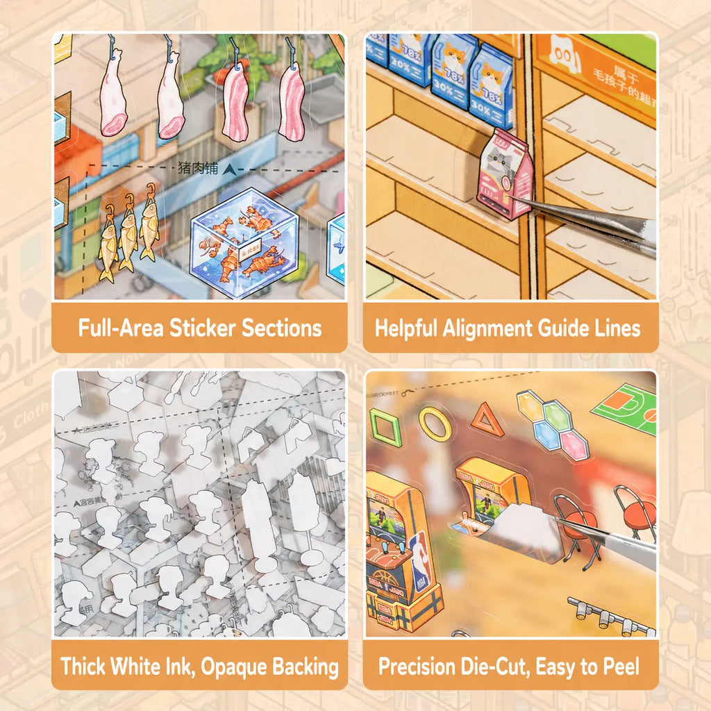 Supermarket Organizer sticker book feature details with guide lines, opaque backing, and die-cut PET stickers