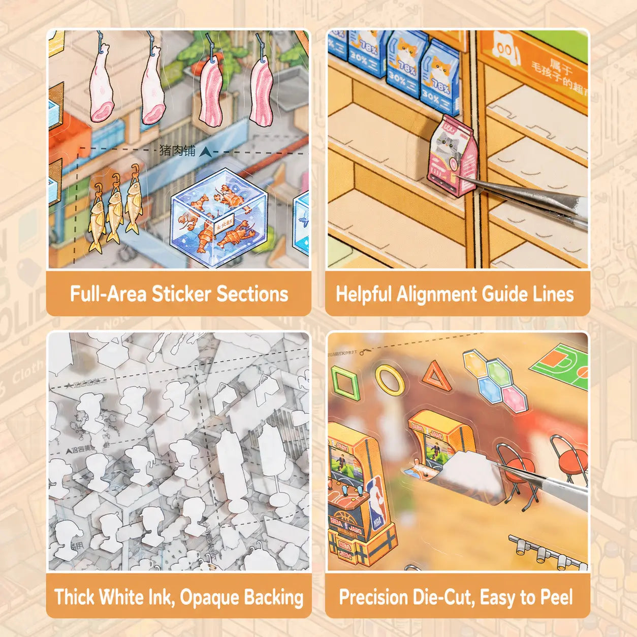 Supermarket Organizer sticker book feature details with guide lines, opaque backing, and die-cut PET stickers