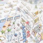 Close-up of PET sticker sheet with supermarket signs, shelves, plants, and small details