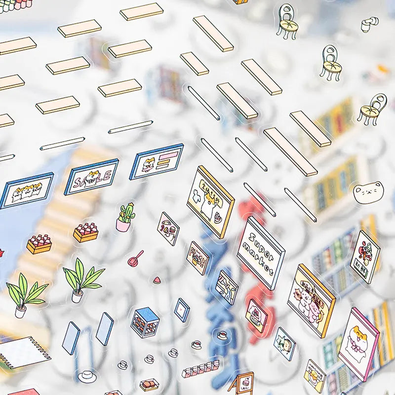 Close-up of PET sticker sheet with supermarket signs, shelves, plants, and small details