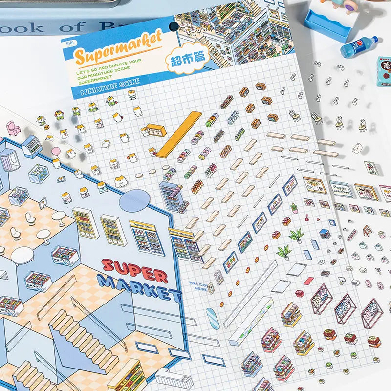 Supermarket scene card and PET sticker sheets for building a miniature shop scene