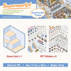 Supermarket scene sticker kit contents with one scene card and two PET sticker sheets
