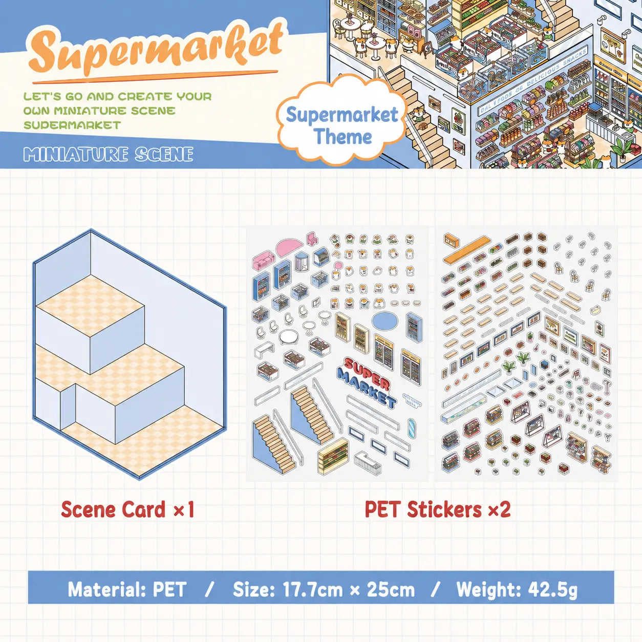 Supermarket scene sticker kit contents with one scene card and two PET sticker sheets