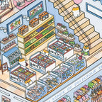 Seafood tanks and produce shelves detail from Supermarket 3D Scene Sticker Kit