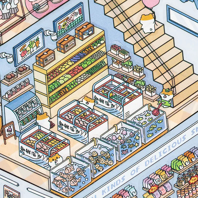 Seafood tanks and produce shelves detail from Supermarket 3D Scene Sticker Kit