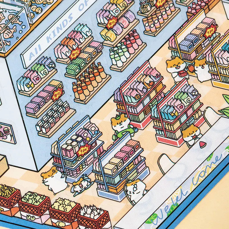 Snack aisle detail from Supermarket 3D Scene Sticker Kit with shelves and character stickers