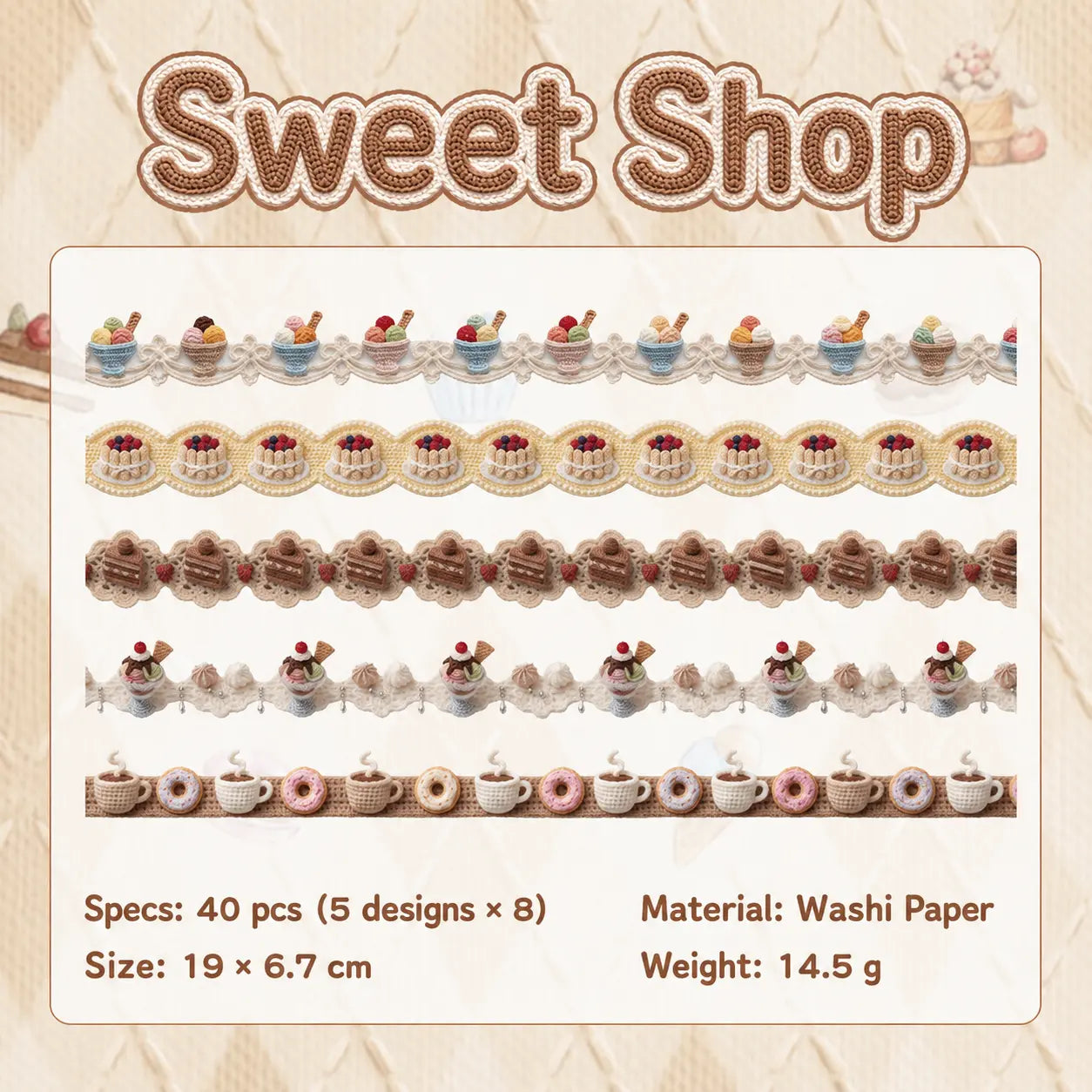Sweet Shop crochet-look border journaling stickers with 40 washi paper pieces
