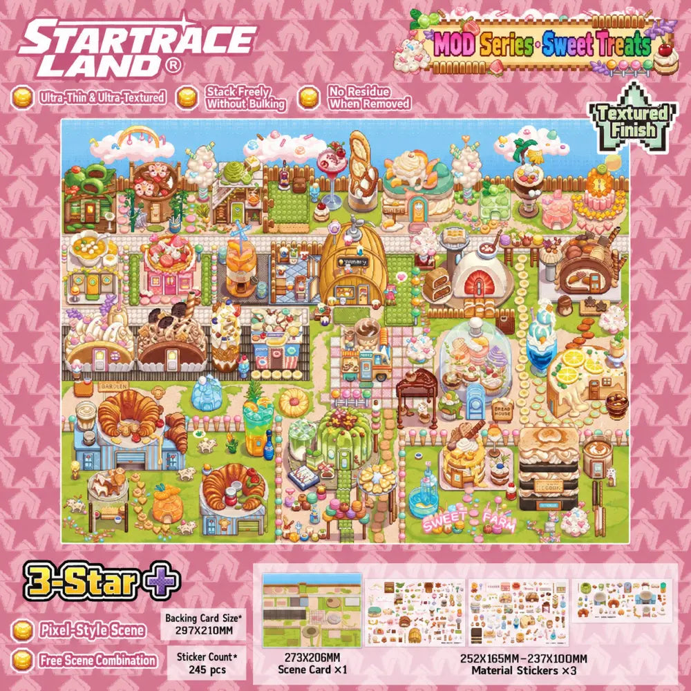Sweet Treats pixel-style scene sticker kit with dessert shops, bakery details, scene card, and sticker sheets