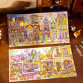 Tail Street and Gulu Town 3D scene sticker kit set with two finished miniature town scenes displayed on a wooden desk