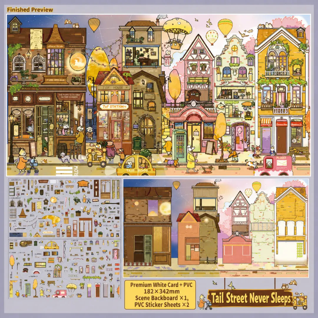 Tail Street Never Sleeps 3D scene sticker kit overview with finished preview, scene backboard, and PVC sticker sheets