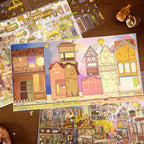 Tail Street Never Sleeps blank scene backboard with colorful street building outlines