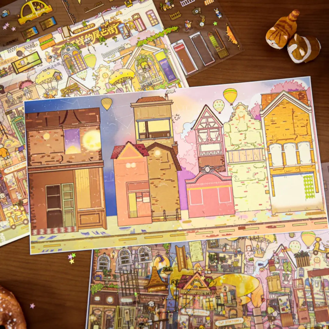 Tail Street Never Sleeps blank scene backboard with colorful street building outlines