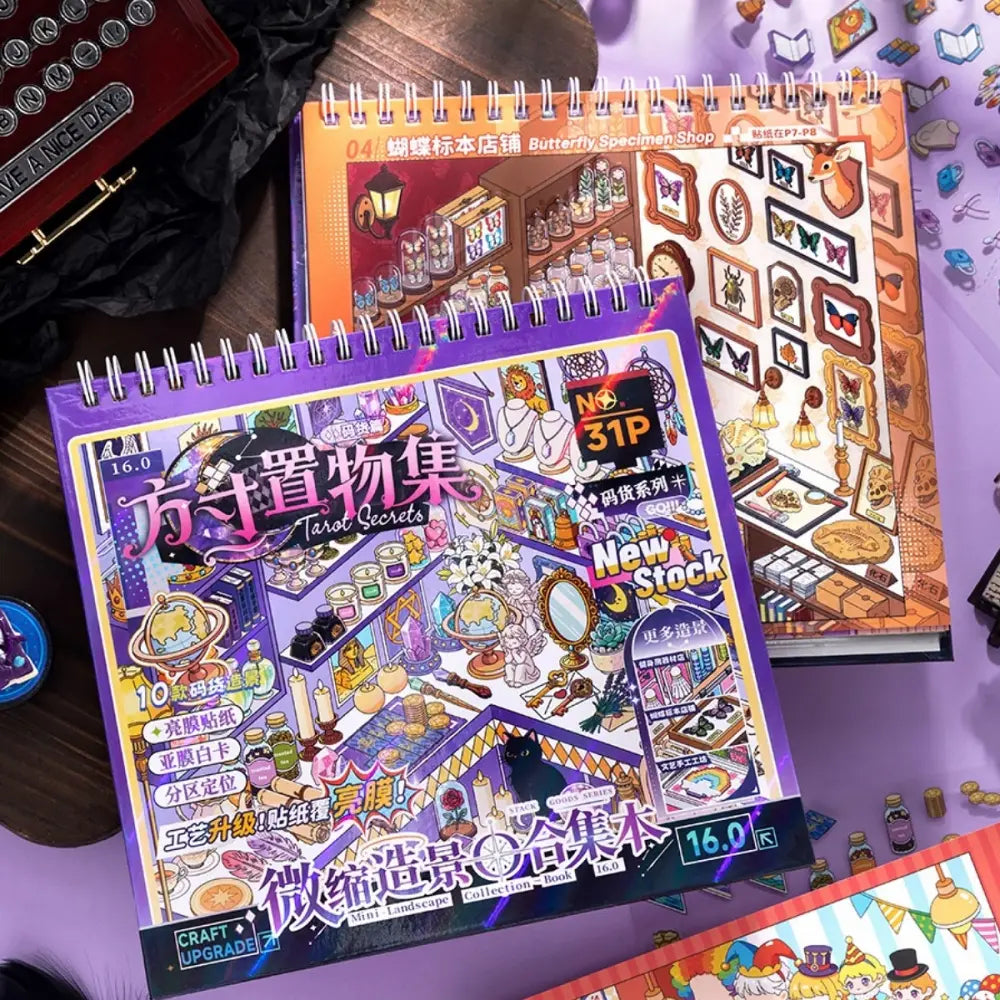 Tarot Secrets mini shops scene sticker book displayed with miniature illustrated shop pages