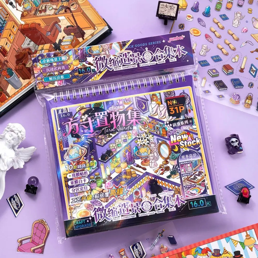 Tarot Secrets mini shops scene sticker book in retail packaging with magical object themed background
