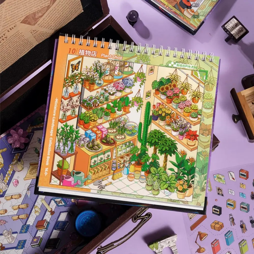 Tarot Secrets scene sticker book plant shop page with miniature shelves of flowers, cactus, and potted plants