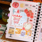 Journal page decorated with tomato, strawberry, dessert, memo, and handwritten Tasty Time stickers