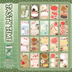 Tasty Time set with 20 writable paper sticker sheets featuring fruit, desserts, drinks, and Japanese food illustrations
