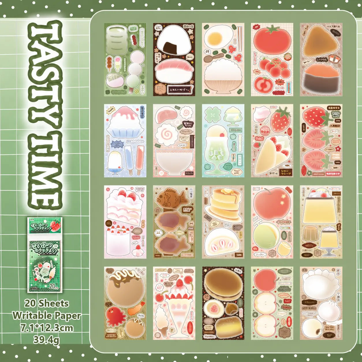 Tasty Time set with 20 writable paper sticker sheets featuring fruit, desserts, drinks, and Japanese food illustrations