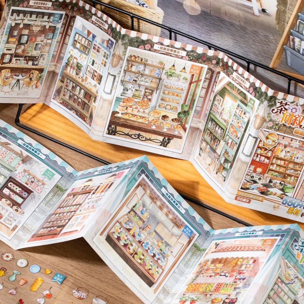 Tea Room Therapy Collage Scene Sticker Book opened to show fold-out scene displays