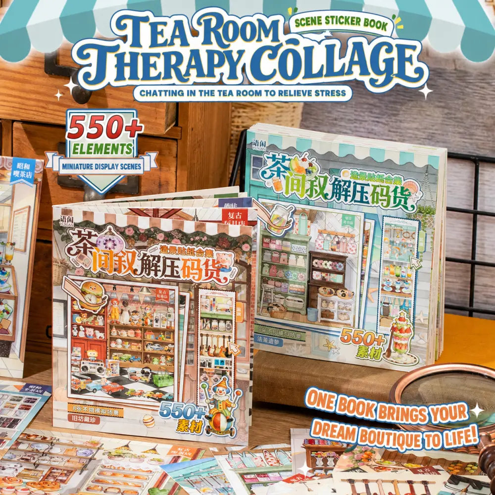 Tea Room Therapy Collage Scene Sticker Book showing Dreamy Romance and Vintage Treasures styles