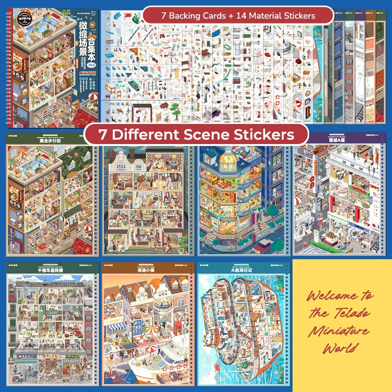 Contents overview for Telado 10.0 Urban Rooms Adventure showing 7 backing cards, 14 PET sticker pages, and 7 scene designs.
