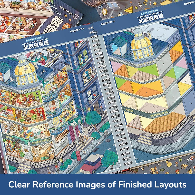 Finished Nordic night city layout reference from Telado 10.0 Urban Rooms Adventure 3D scene sticker book.
