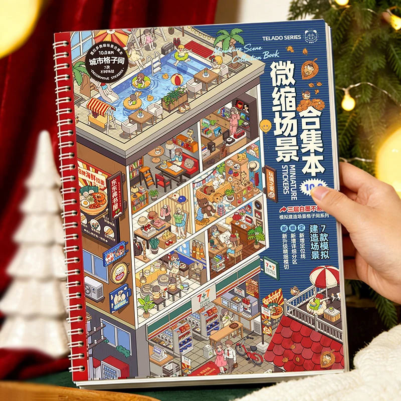 Telado 10.0 Urban Rooms Adventure scene sticker book held by hand with illustrated city building cover.