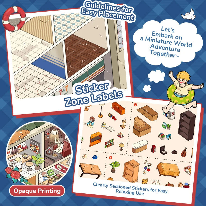 Placement guide for Telado 10.0 Urban Rooms Adventure showing sticker zone labels and sectioned sticker pages.