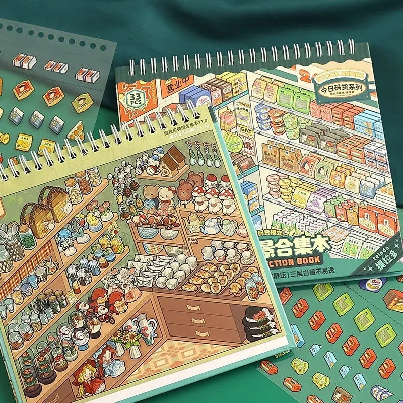 Open Telado 11.0 Miniature Store 3D Scene Sticker Book showing a finished miniature store scene