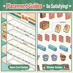 Placement guide pages from the Telado 11.0 Miniature Store 3D Scene Sticker Book showing base card and sticker guides