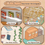 Telado 13.0 upgrade feature overview showing gloss varnish, die-cut stickers, clear sections, and alignment guides