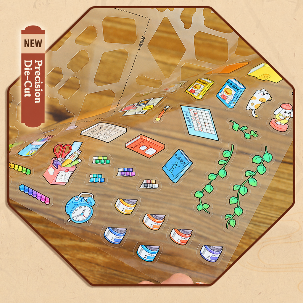 Precision die-cut PET sticker sheet with small stationery and plant stickers