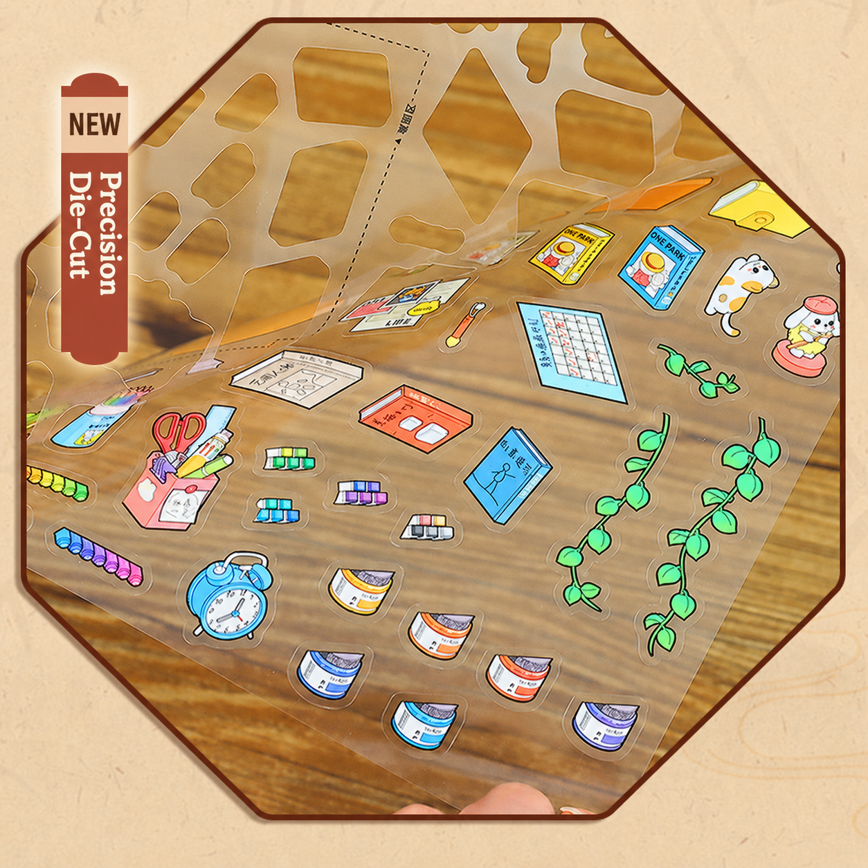 Precision die-cut PET sticker sheet with small stationery and plant stickers