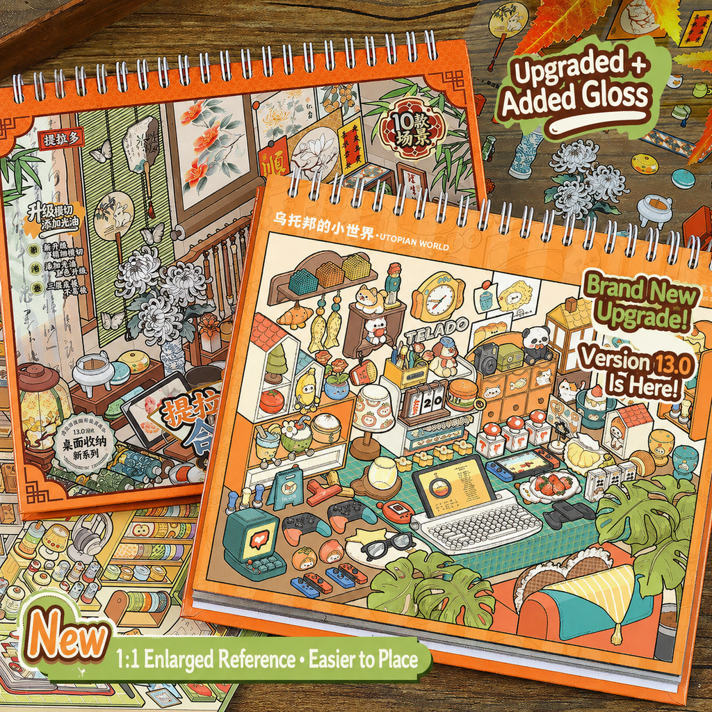 Telado 13.0 scene sticker books showing enlarged reference pages and upgraded gloss details