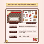 Product details for the Telado 14.0 Mini Shop sticker book showing 10 base cards, 20 sticker sheets, and product size