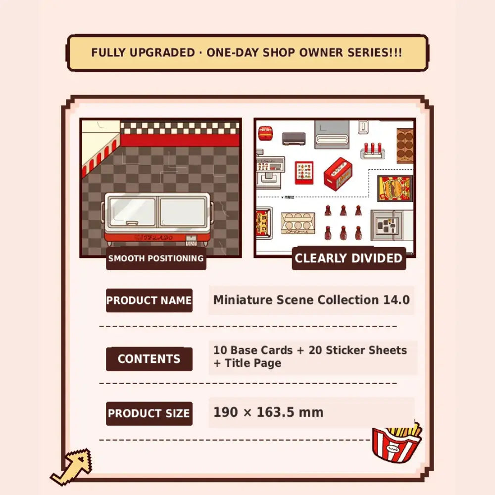Product details for the Telado 14.0 Mini Shop sticker book showing 10 base cards, 20 sticker sheets, and product size