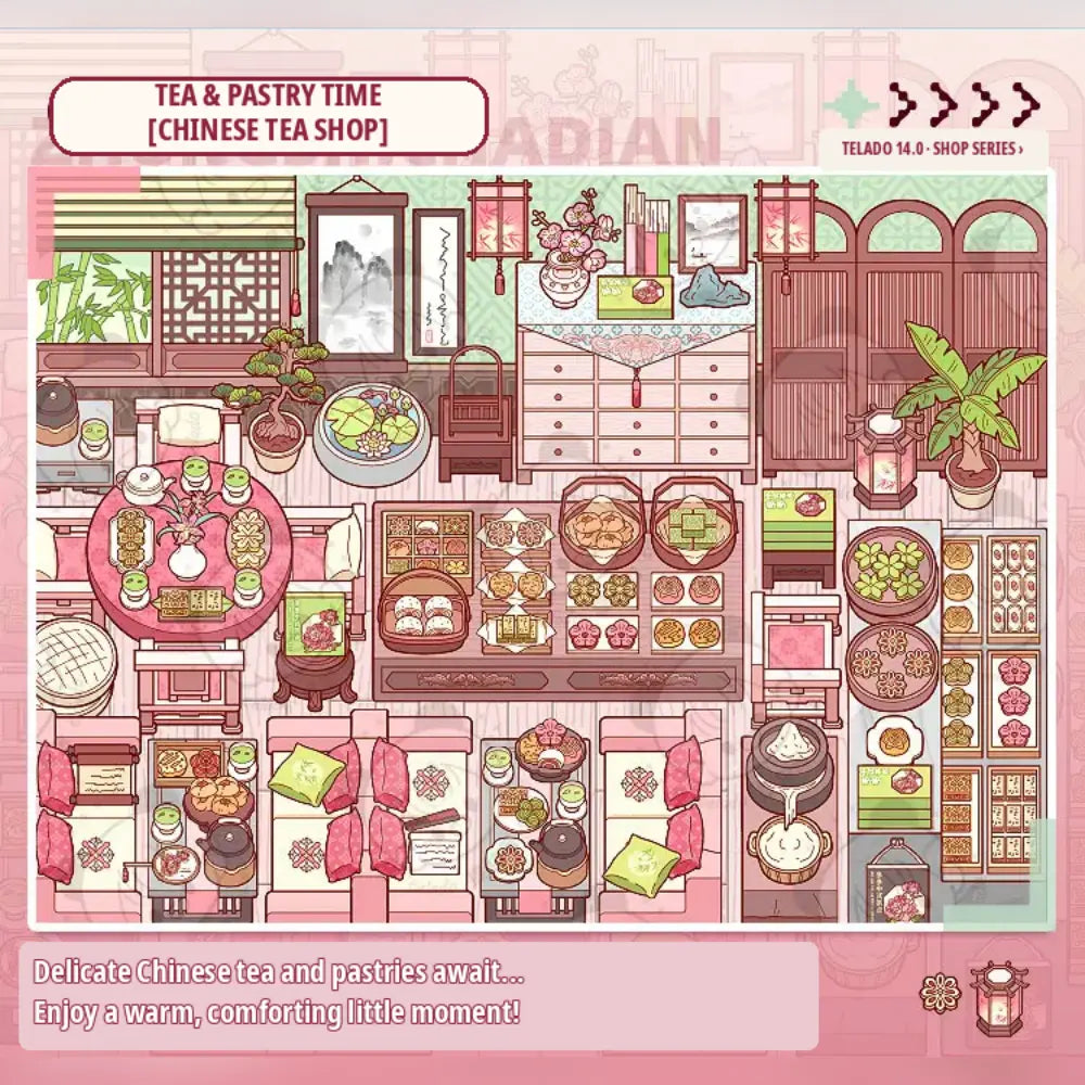 Chinese tea shop miniature scene with tea and pastries from the Telado 14.0 Mini Shop sticker book