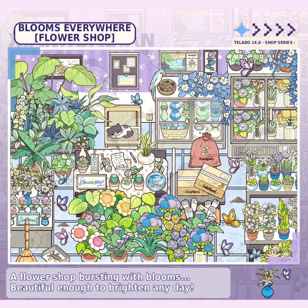 Flower shop miniature scene filled with plants and blooms from the Telado 14.0 Mini Shop sticker book