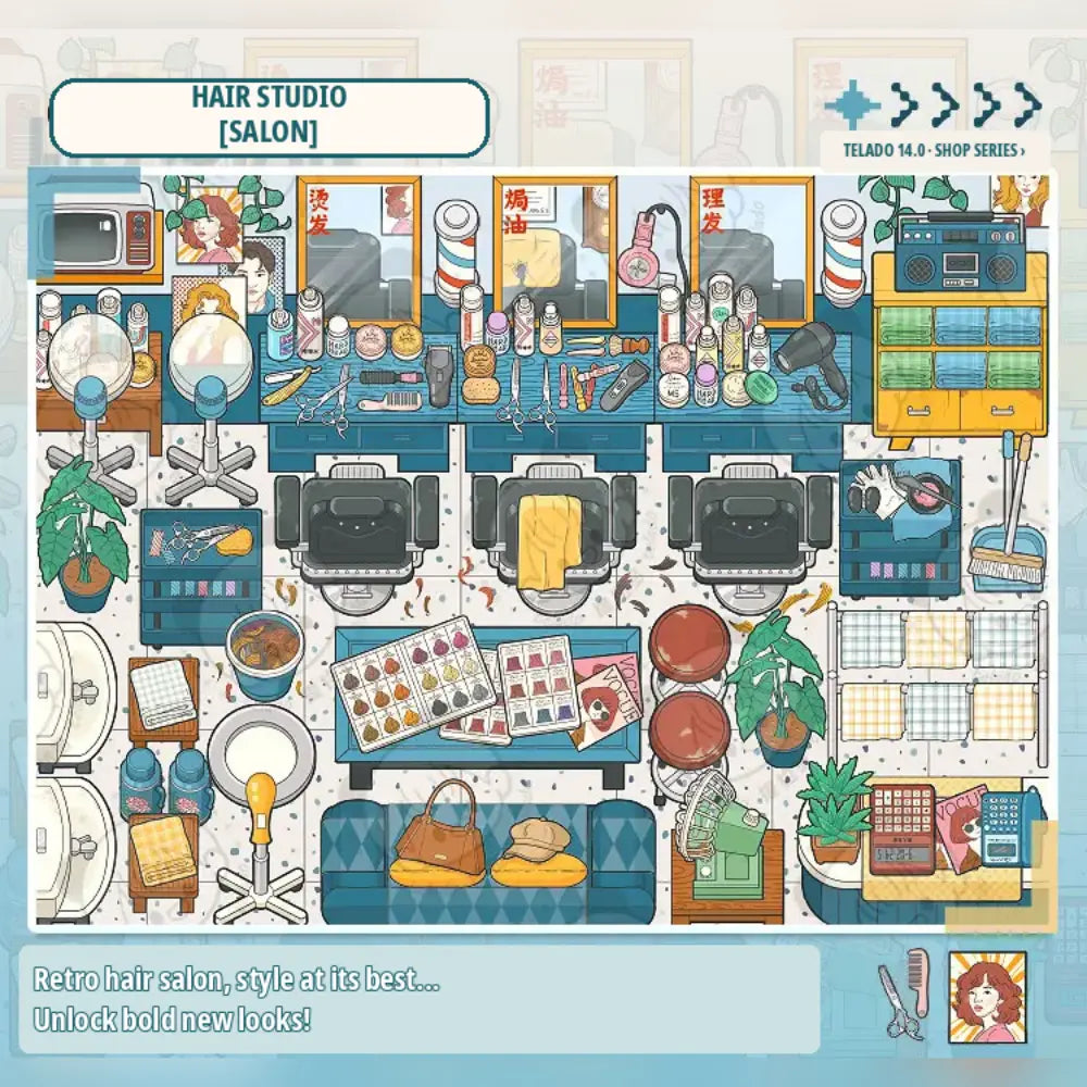 Hair studio salon miniature scene from the Telado 14.0 Mini Shop 3D Scene Sticker Book Upgraded Edition
