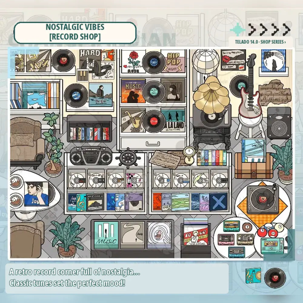 Retro record shop miniature scene from the Telado 14.0 Mini Shop 3D Scene Sticker Book
