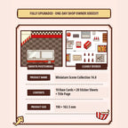 Product details for the Telado 14.0 Mini Shop Upgraded Edition showing 10 base cards, 20 sticker sheets, and product size