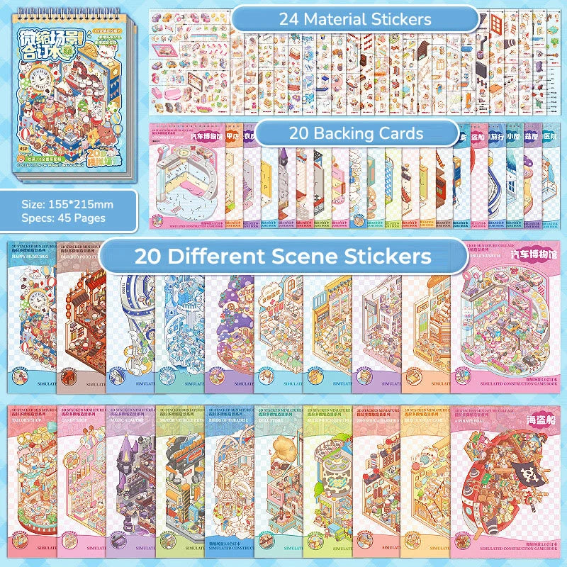 Contents overview for Telado 3.0 Miniature World Adventure 3D scene sticker book showing PET sticker pages, backing cards, and different scene designs.