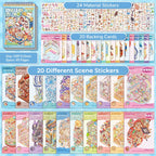 Contents overview for Telado 3.0 Miniature World Adventure 3D scene sticker book showing PET sticker pages, backing cards, and different scene designs.