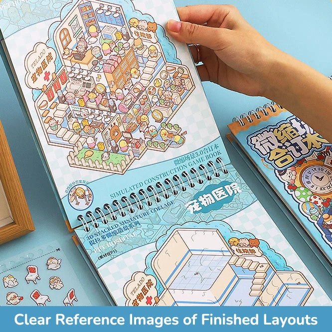 Finished layout reference pages inside the Telado 3.0 Miniature World Adventure 3D scene sticker book.