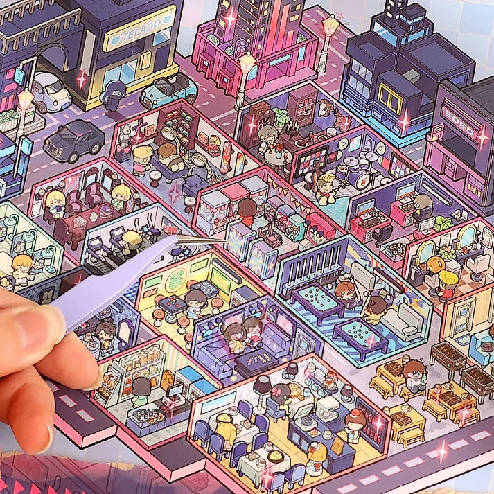 Close-up of a miniature night city scene from the Telado 7.0 Miniature City Adventure 3D scene sticker book.