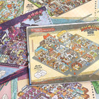 Scene cards from Telado 7.0 Miniature City Adventure 3D scene sticker book with street shops, night city, and library layouts.